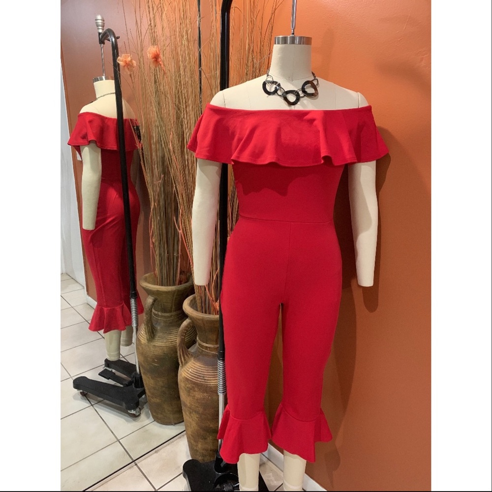 Red Frill Off Shoulder Jumpsuit